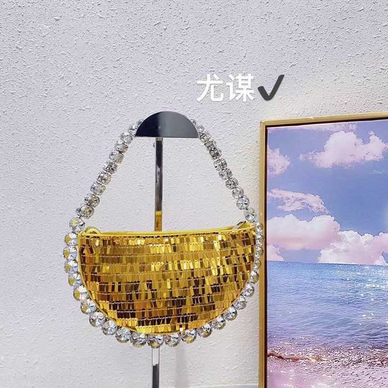 French Shiny Sequin Diamond Semicircle Box Bag Evening Party Rhinestone Bead Mobile Phone Hand-Held Hand Bag For Women - Image 2