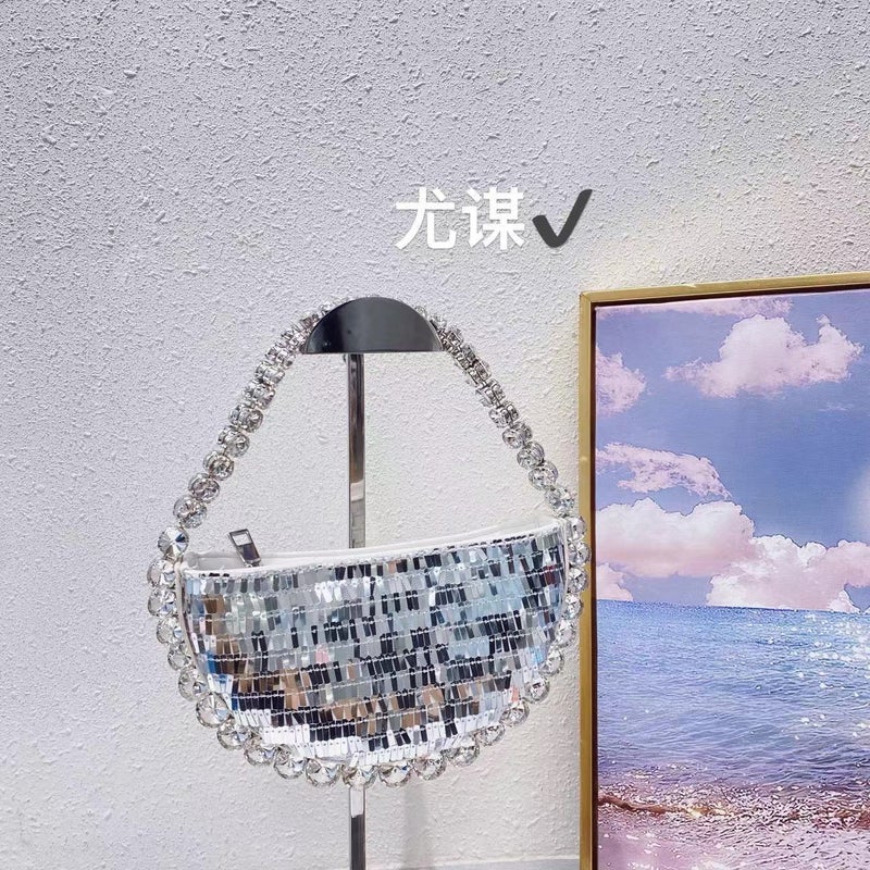 French Shiny Sequin Diamond Semicircle Box Bag Evening Party Rhinestone Bead Mobile Phone Hand-Held Hand Bag For Women - Image 4