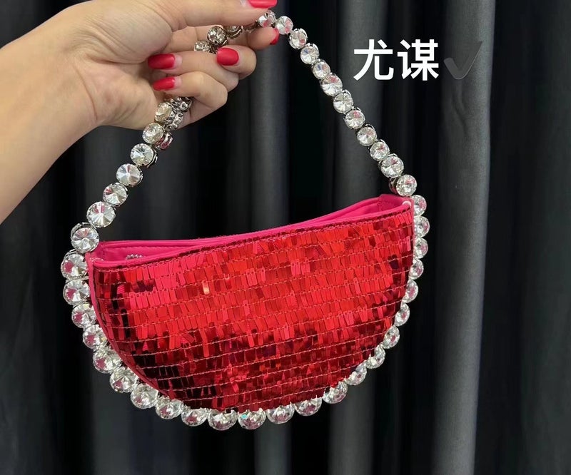 French Shiny Sequin Diamond Semicircle Box Bag Evening Party Rhinestone Bead Mobile Phone Hand-Held Hand Bag For Women - Image 1