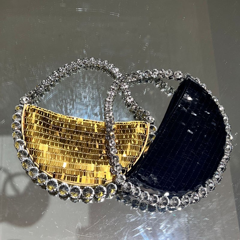 French Shiny Sequin Diamond Semicircle Box Bag Evening Party Rhinestone Bead Mobile Phone Hand-Held Hand Bag For Women - Image 3