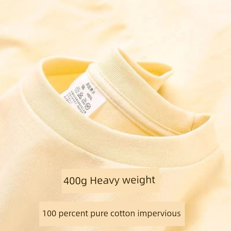 Taro purple 400g heavyweight Xinjiang pure cotton short-sleeved T-shirt loose solid color round neck for men and women summer couple half-sleeved fashion - Image 3