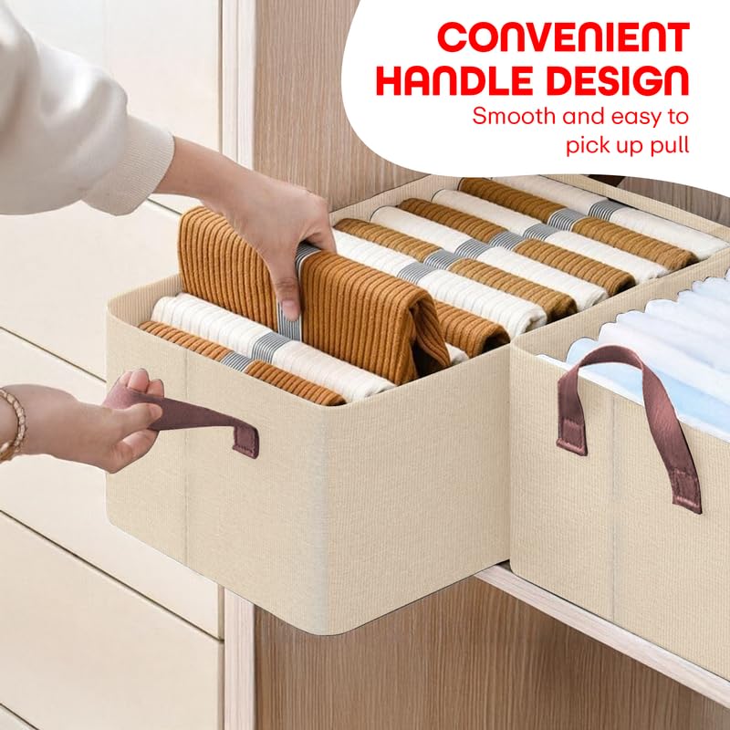 Prime Pick Storage Box Foldable Clothing Organizer Breathable Non Woven Fabric Space Saving Wardrobe Storage Bin with Easy Carry Handles Washable Clothes Organizer Beige Pack of 4 - Image 3
