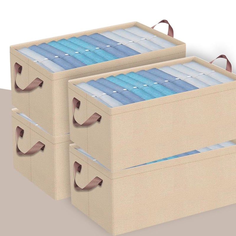 Prime Pick Storage Box Foldable Clothing Organizer Breathable Non Woven Fabric Space Saving Wardrobe Storage Bin with Easy Carry Handles Washable Clothes Organizer Beige Pack of 4 - Image 1