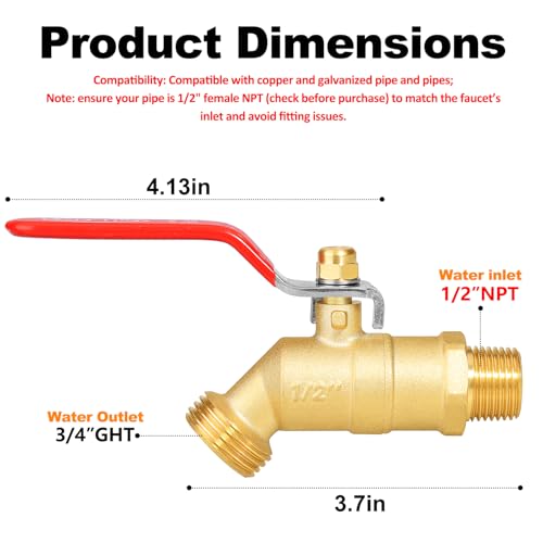 SIGURANTA 1/2" NPT × 3/4" GHT Brass Outdoor Spigot - 1/4-Turn Heavy-Duty Sillcock Hose Bibb, Patio Sillcock for Garden Hose/Car Washing, Ideal as Garden Faucet（Long Handle + Leak-Proof Tape） - Image 2