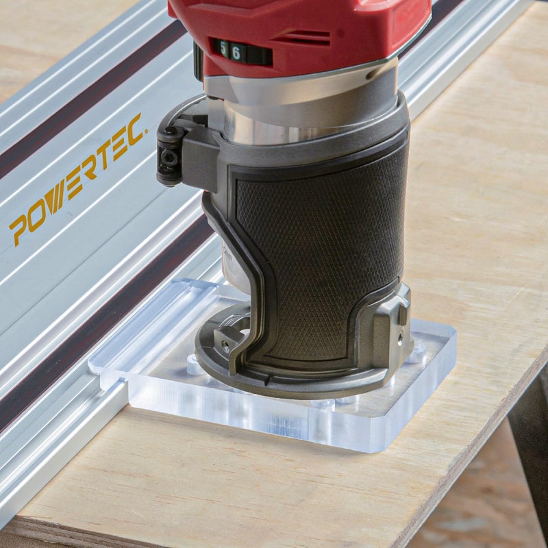 POWERTEC Guide Rail Adapter for Fixed Base Trim Routers. Fits Fixed Base DeWalt, Makita & Milwaukee. Connects to WEN, Makita & Milwaukee Guide Rails & 71550, 71153, 71387 (71921) - Image 1