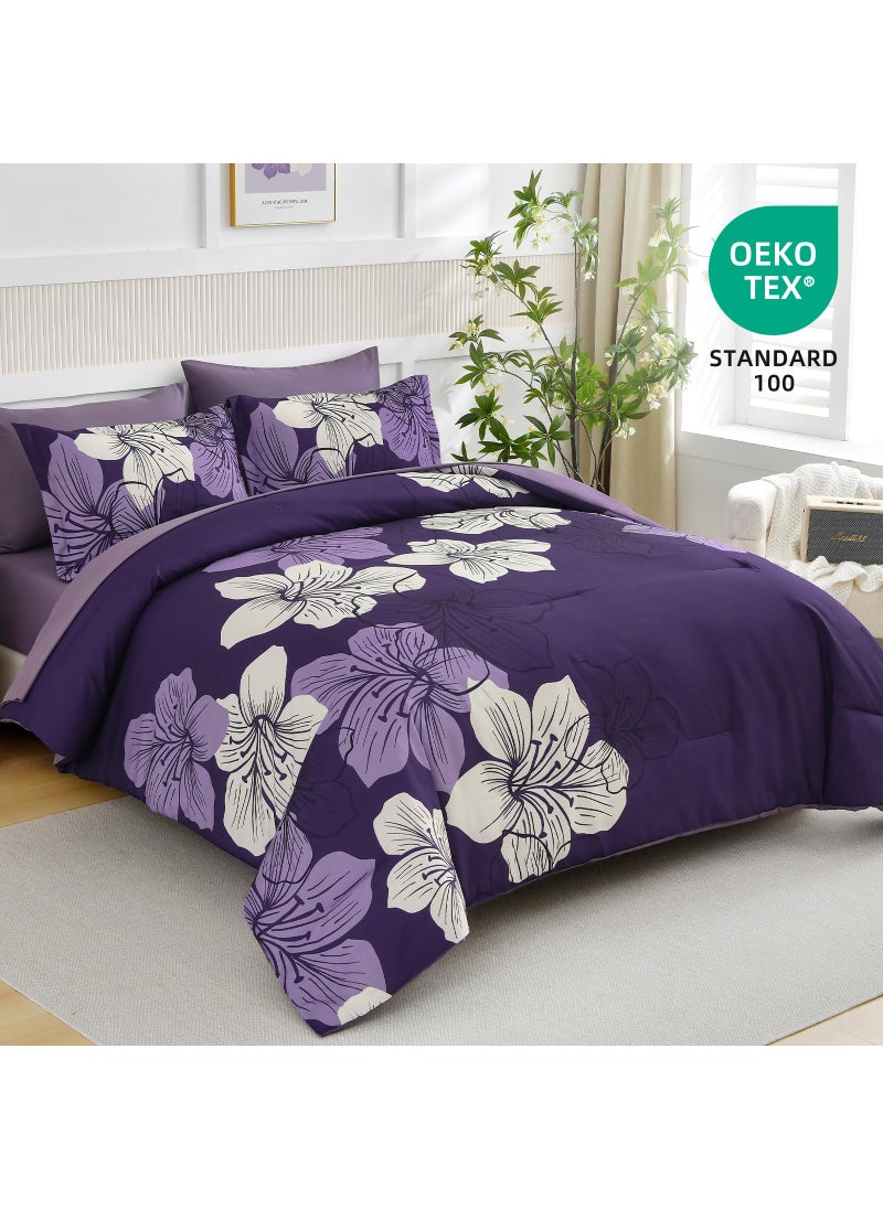 Luxudecor Luxudecor Dark Purple Comforter Set King Size  7 Pieces Bed in a Bag Purple Floral Comforter and Sheet Set  Soft Microfiber Complete Bedding Sets for All Seasons  - Image 2