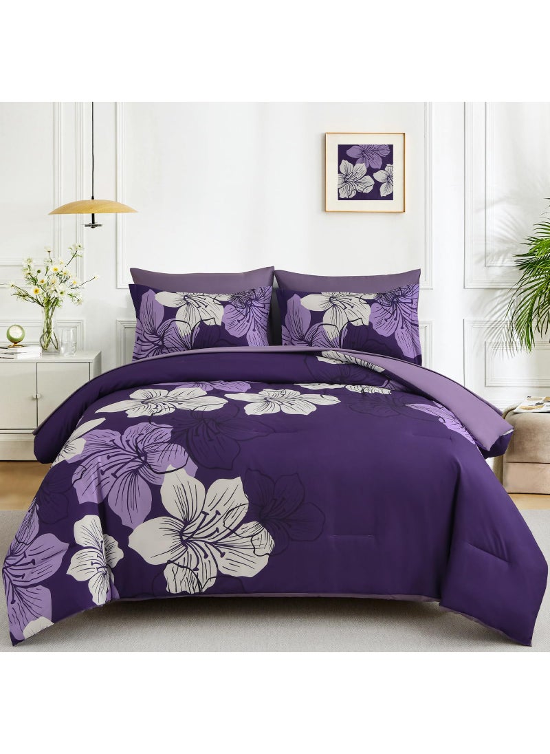 Luxudecor Luxudecor Dark Purple Comforter Set King Size  7 Pieces Bed in a Bag Purple Floral Comforter and Sheet Set  Soft Microfiber Complete Bedding Sets for All Seasons  - Image 1