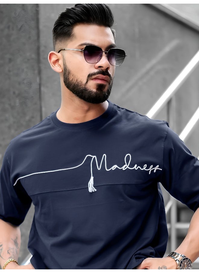 Maniac Mens Printed Round Neck 3/4th Sleeve Navy Cotton T-Shirt  - Image 2