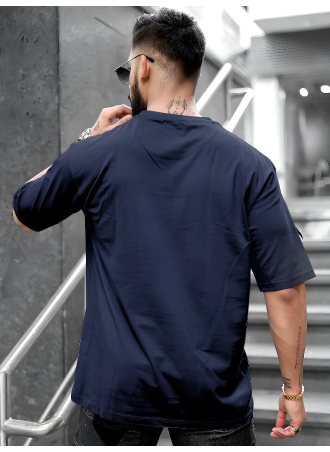 Maniac Mens Printed Round Neck 3/4th Sleeve Navy Cotton T-Shirt  - Image 4