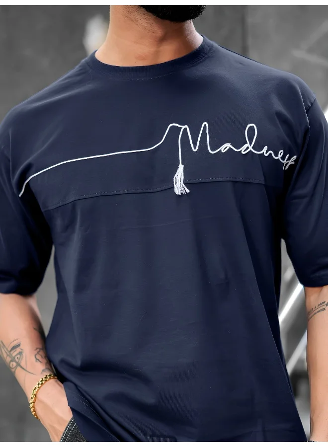 Maniac Mens Printed Round Neck 3/4th Sleeve Navy Cotton T-Shirt
