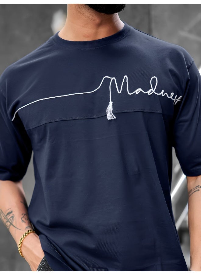 Maniac Mens Printed Round Neck 3/4th Sleeve Navy Cotton T-Shirt  - Image 5