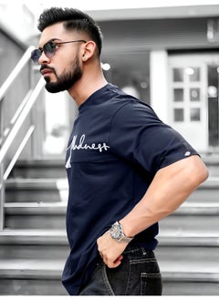 Maniac Mens Printed Round Neck 3/4th Sleeve Navy Cotton T-Shirt  - Image 3