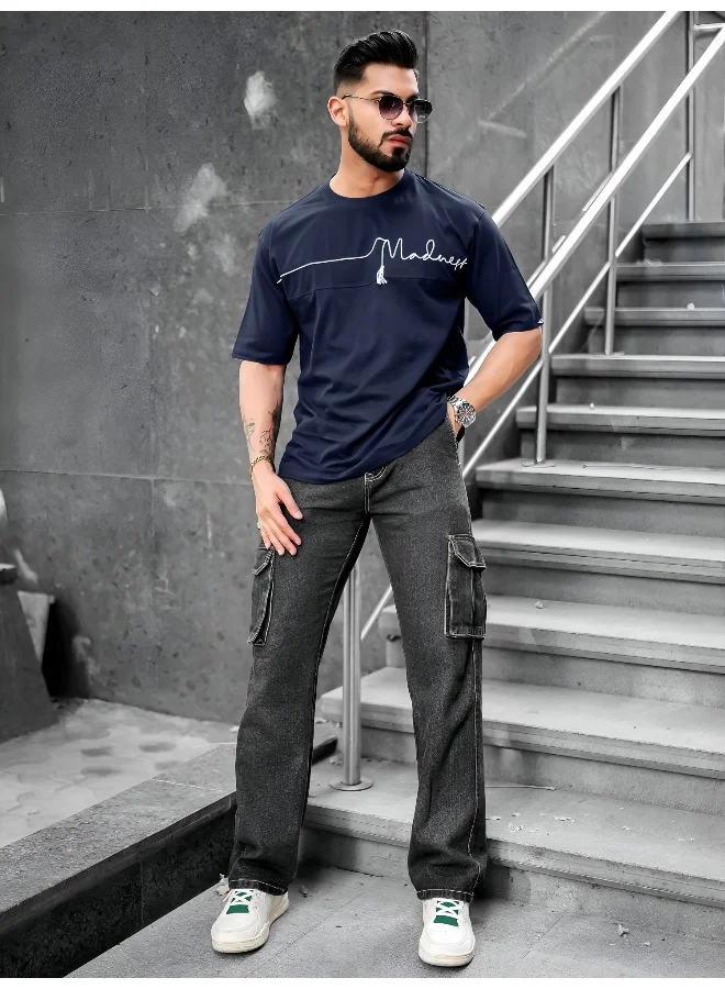Maniac Mens Printed Round Neck 3/4th Sleeve Navy Cotton T-Shirt