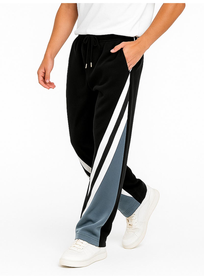 Maniac Maniac Mens CrossCut Panel Black, White and Light Grey Cotton Baggy Trackpant  - Image 2