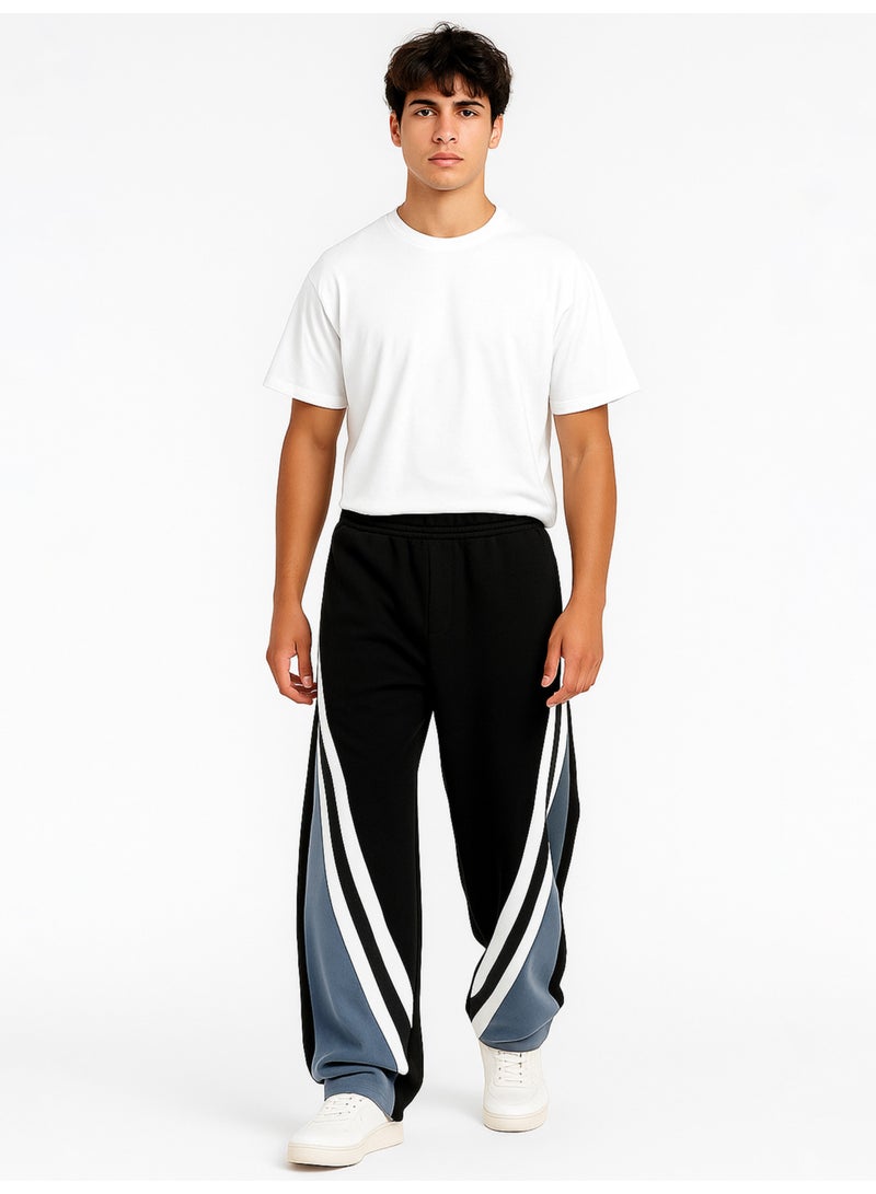 Maniac Maniac Mens CrossCut Panel Black, White and Light Grey Cotton Baggy Trackpant  - Image 5