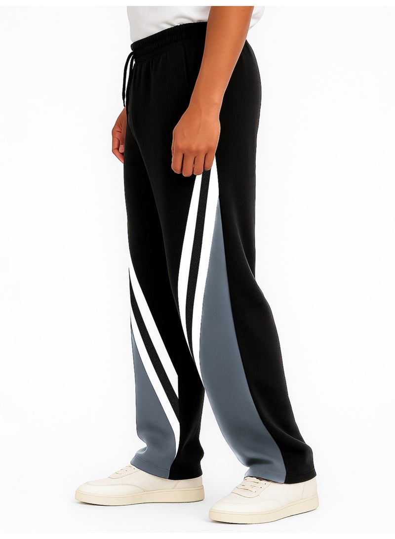 Maniac Maniac Mens CrossCut Panel Black, White and Light Grey Cotton Baggy Trackpant  - Image 3