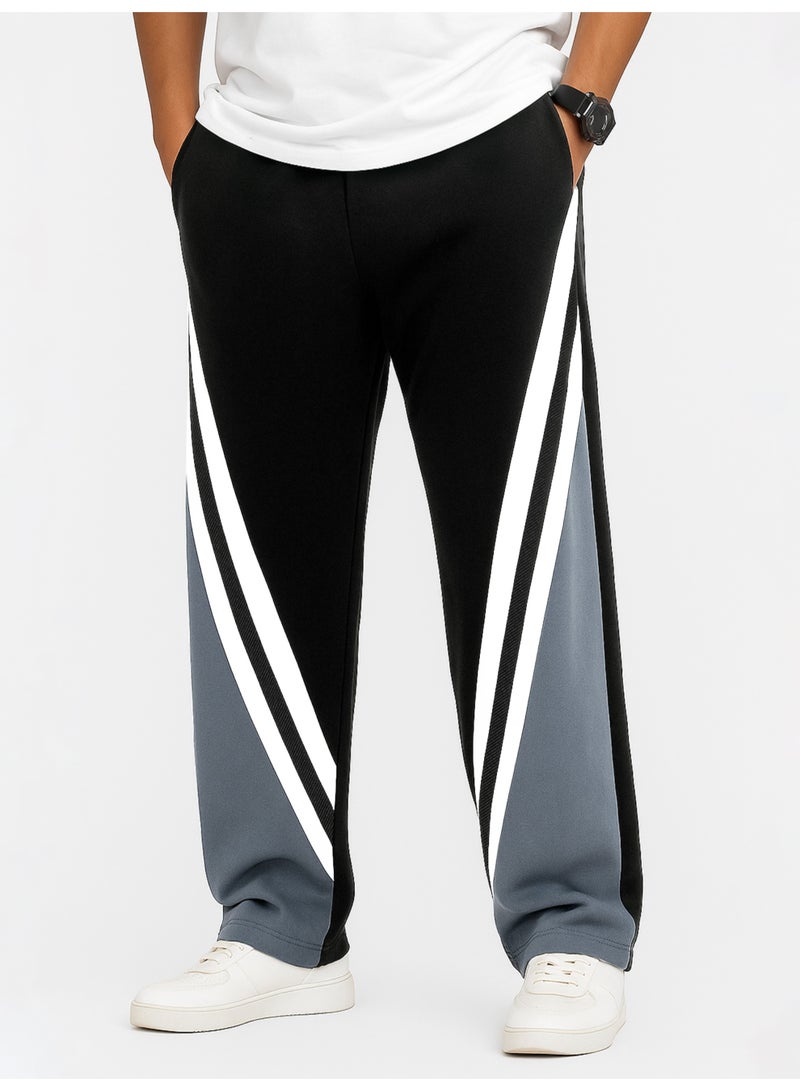 Maniac Maniac Mens CrossCut Panel Black, White and Light Grey Cotton Baggy Trackpant  - Image 1