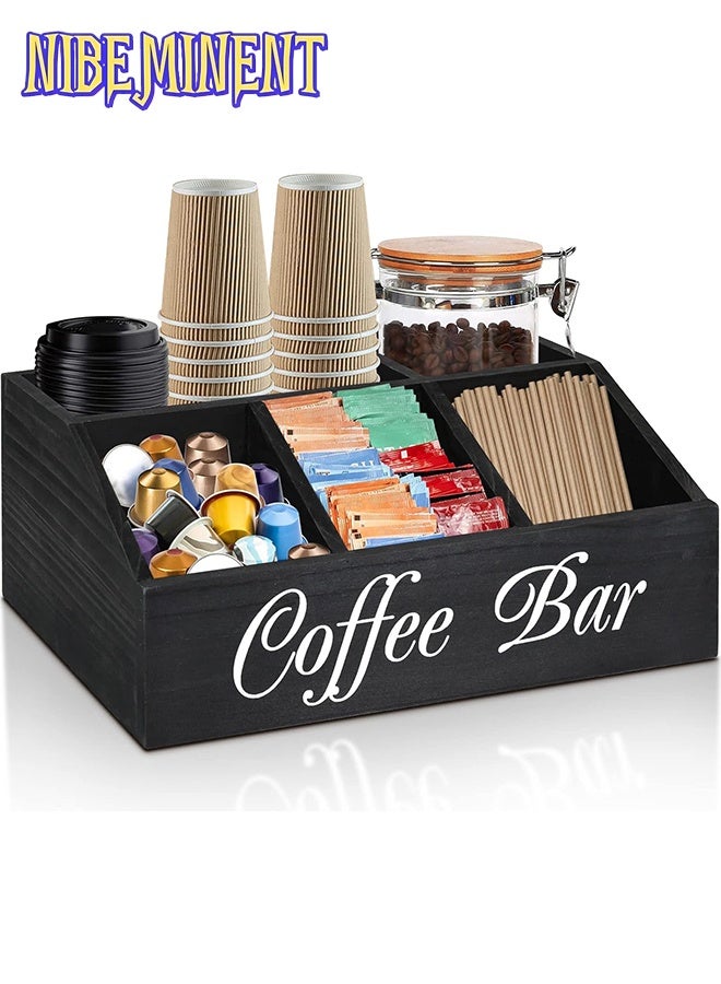 NIBEMINENT Coffee Station Organizer for Counter, Wood Coffee Pods Holder Storage Basket, Tea Condiment Storage Organizer, Rustic Bar Decor for Accessories Organizer  - Image 1