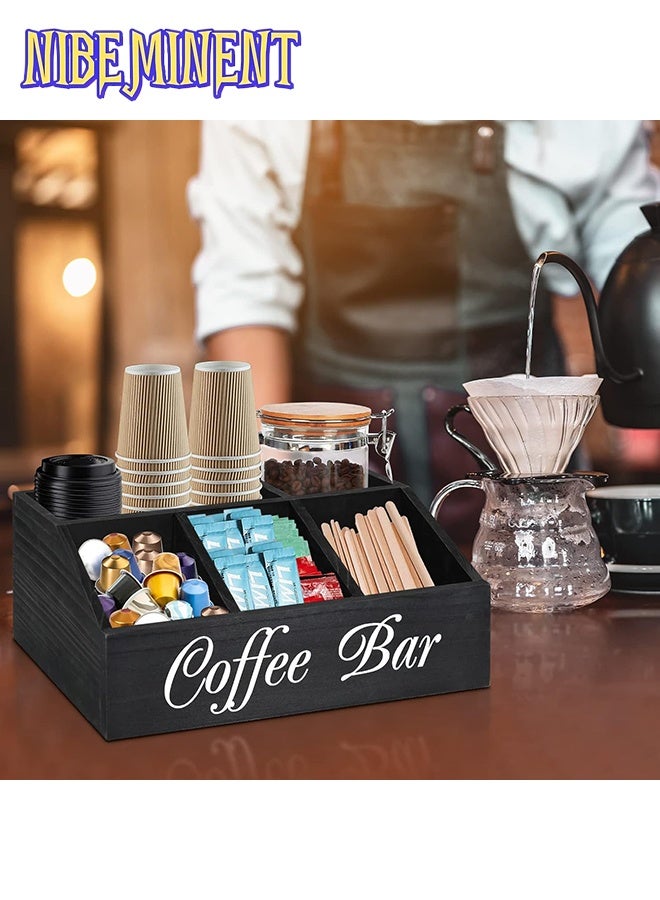 NIBEMINENT Coffee Station Organizer for Counter, Wood Coffee Pods Holder Storage Basket, Tea Condiment Storage Organizer, Rustic Bar Decor for Accessories Organizer  - Image 3