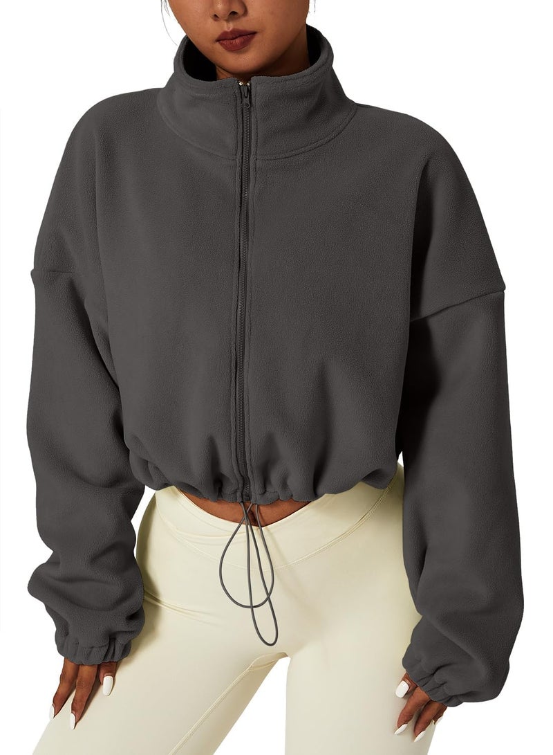QINSEN Women's Full Zip Fleece Short Jacket Warm Winter Long Sleeve Stand Collar Sherpa Crop Coat Dark Grey M - Image 1