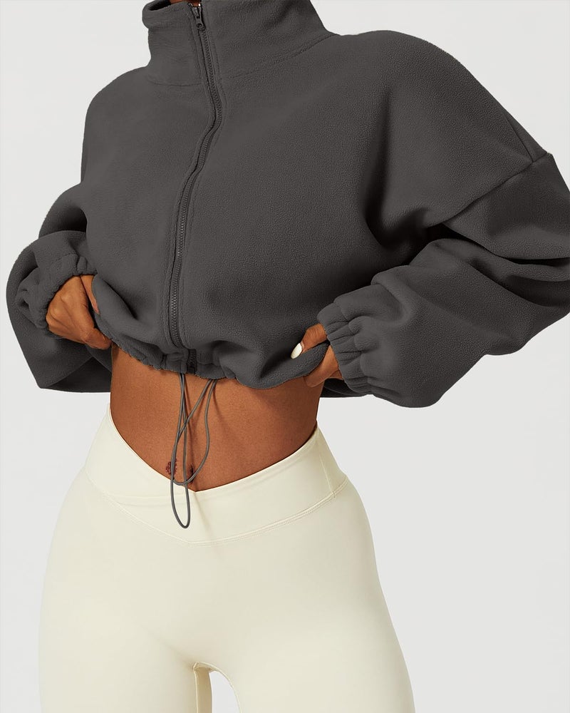 QINSEN Women's Full Zip Fleece Short Jacket Warm Winter Long Sleeve Stand Collar Sherpa Crop Coat Dark Grey M - Image 4