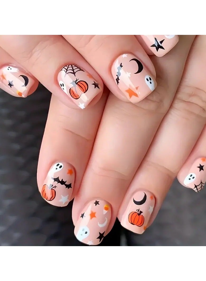 ORiTi أظافر صناعية قصيرة مربعة مزينة بتصاميم هالوين مثل القرع والقمر والنجوم والأشباح - أظافر مزيفة تغطي بالكامل - أظافر لاصقة لطيفة بتصميم هالوين - أظافر أكريليك صناعية للنساء (24 قطعة) - Image 1