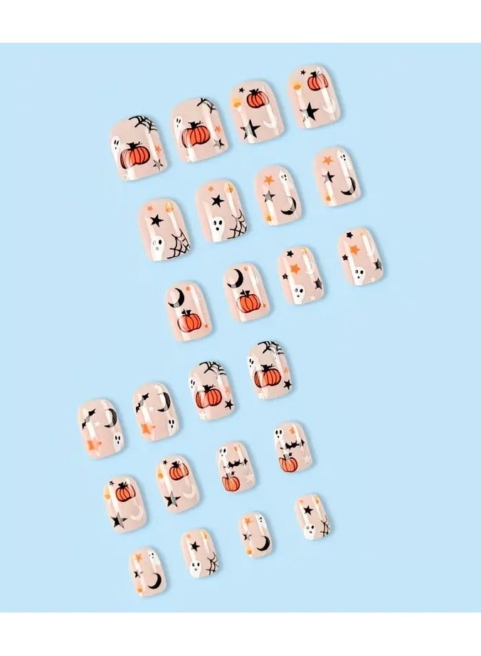 ORiTi أظافر صناعية قصيرة مربعة مزينة بتصاميم هالوين مثل القرع والقمر والنجوم والأشباح - أظافر مزيفة تغطي بالكامل - أظافر لاصقة لطيفة بتصميم هالوين - أظافر أكريليك صناعية للنساء (24 قطعة) - Image 3