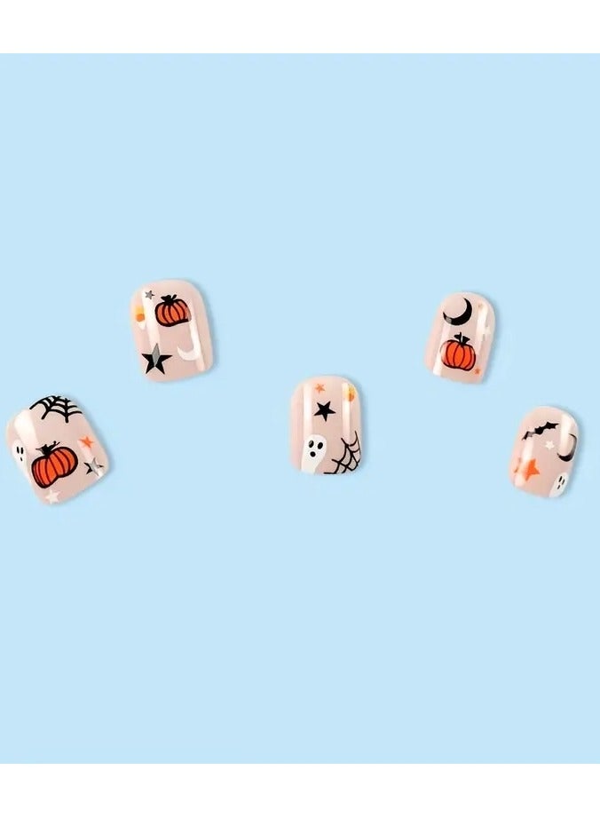 ORiTi أظافر صناعية قصيرة مربعة مزينة بتصاميم هالوين مثل القرع والقمر والنجوم والأشباح - أظافر مزيفة تغطي بالكامل - أظافر لاصقة لطيفة بتصميم هالوين - أظافر أكريليك صناعية للنساء (24 قطعة) - Image 5