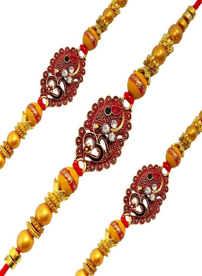brown leaf® Omm Design Red Thread Golden Finish Rakhi Combo For Rakshabandhan For Brother & Family Pack (Set Of 2) - Image 4