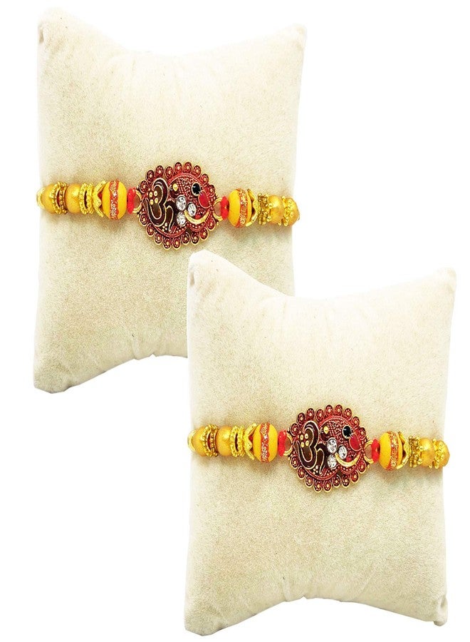 brown leaf® Omm Design Red Thread Golden Finish Rakhi Combo For Rakshabandhan For Brother & Family Pack (Set Of 2) - Image 1