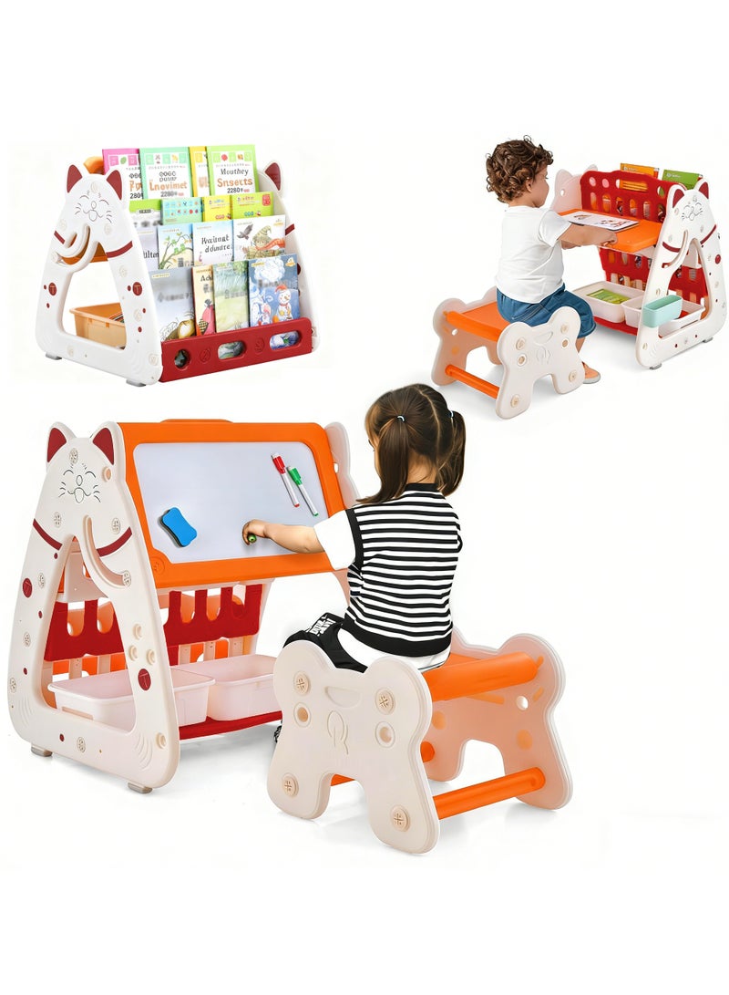 XICEN 3 in 1 Kids Table and Chair Set, As Kids Art Easel and Kids Book Rack, Double-Sided Magnetic Dry Erase Board with Two Storage Baskets, Pen Container, Adjustable Height Activity Table Set for Drawing Reading - Image 1