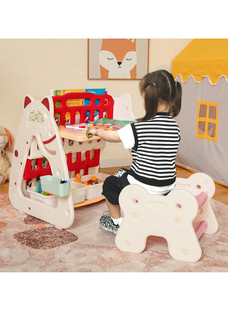 XICEN 3 in 1 Kids Table and Chair Set, As Kids Art Easel and Kids Book Rack, Double-Sided Magnetic Dry Erase Board with Two Storage Baskets, Pen Container, Adjustable Height Activity Table Set for Drawing Reading - Image 2