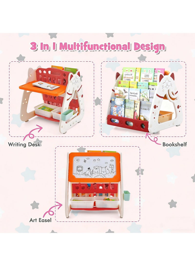 XICEN 3 in 1 Kids Table and Chair Set, As Kids Art Easel and Kids Book Rack, Double-Sided Magnetic Dry Erase Board with Two Storage Baskets, Pen Container, Adjustable Height Activity Table Set for Drawing Reading - Image 3