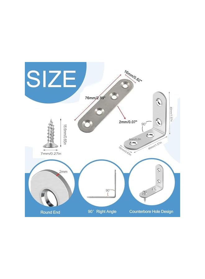 PROMASS promass Stainless Steel Corner Braces, 16 Pcs 40 x 40mm 90 Degree Right Angle L-Shaped Bracket Joint and 4 Pcs Plat Straight Braces Fastener for Wood Shelf Cabinet Chair Table, with 80 Screws  - Image 5