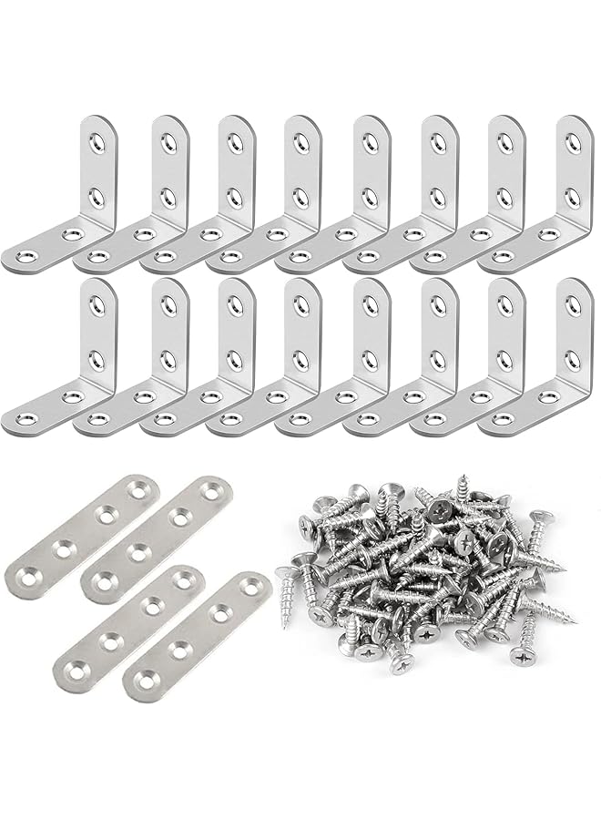 PROMASS promass Stainless Steel Corner Braces, 16 Pcs 40 x 40mm 90 Degree Right Angle L-Shaped Bracket Joint and 4 Pcs Plat Straight Braces Fastener for Wood Shelf Cabinet Chair Table, with 80 Screws  - Image 1