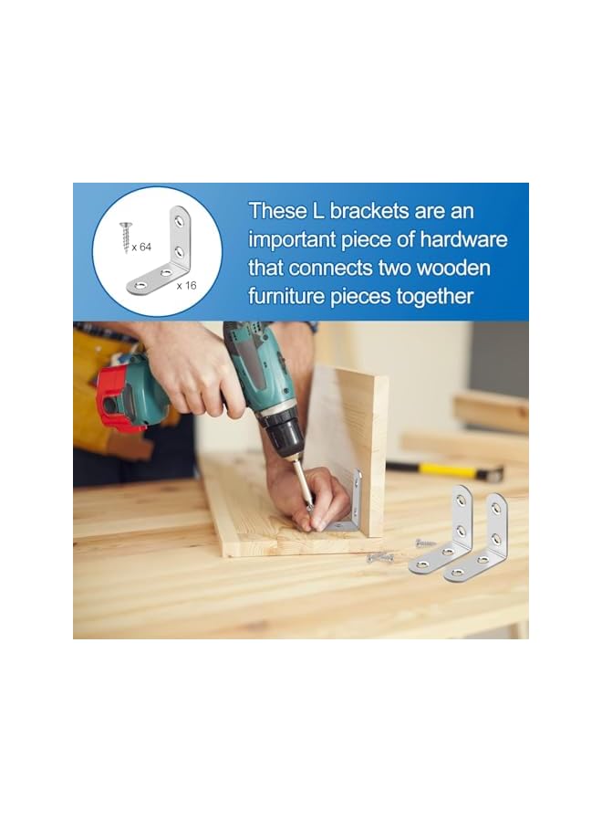 PROMASS promass Stainless Steel Corner Braces, 16 Pcs 40 x 40mm 90 Degree Right Angle L-Shaped Bracket Joint and 4 Pcs Plat Straight Braces Fastener for Wood Shelf Cabinet Chair Table, with 80 Screws  - Image 3
