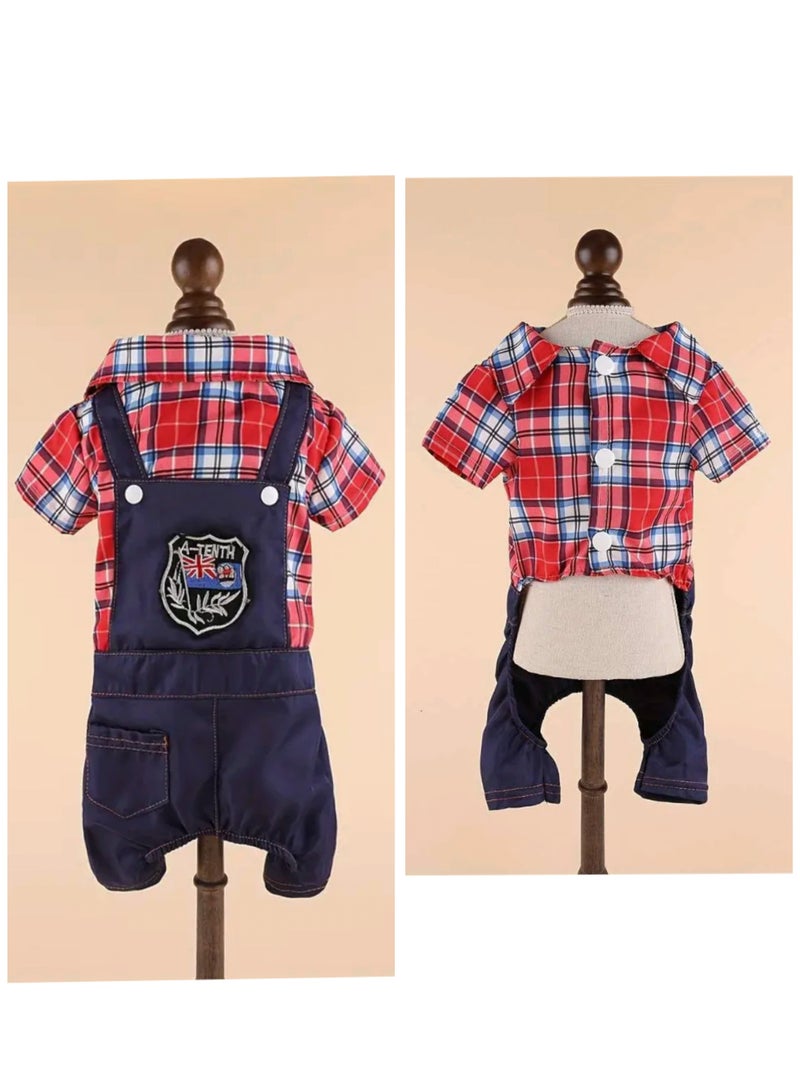 A.M Dog Denim Overall with Plaid Shirt, Spring/Summer Outfit for Small/Medium Dogs, Teddy/Bichon Frise Cats, Korean Style Fashion, Casual Jean Pet Clothing - Image 2