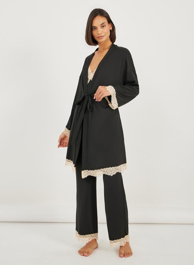 Styli Pack of 3 - Contrast Lace Trim Cami, Robe and Pyjama  - Image 2