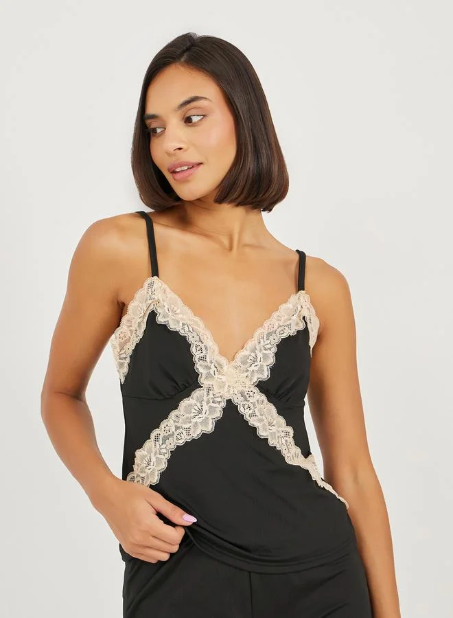 Styli Pack of 3 - Contrast Lace Trim Cami, Robe and Pyjama