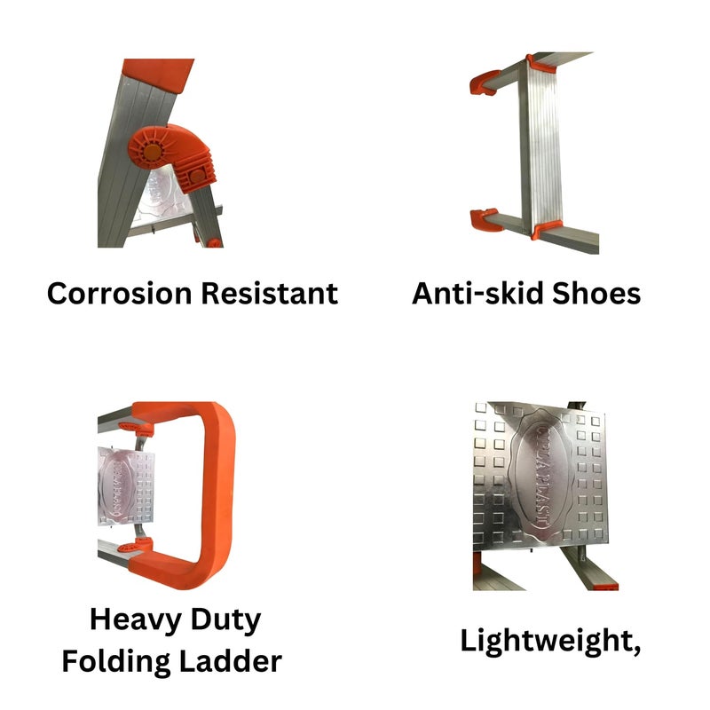 CIPLA PLAST CIPLA PLAST 3 Step Foldable Aluminium Ladder for Home with Scratch Resistant Ladder for Home Anti Skid Shoes and Extra Strong Wide Steps Titanium 3 Step Orange  - Image 4