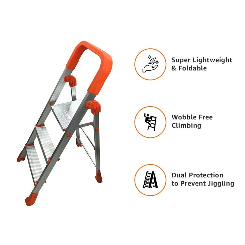 CIPLA PLAST CIPLA PLAST 3 Step Foldable Aluminium Ladder for Home with Scratch Resistant Ladder for Home Anti Skid Shoes and Extra Strong Wide Steps Titanium 3 Step Orange  - Image 3