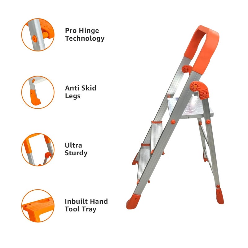 CIPLA PLAST CIPLA PLAST 3 Step Foldable Aluminium Ladder for Home with Scratch Resistant Ladder for Home Anti Skid Shoes and Extra Strong Wide Steps Titanium 3 Step Orange  - Image 2