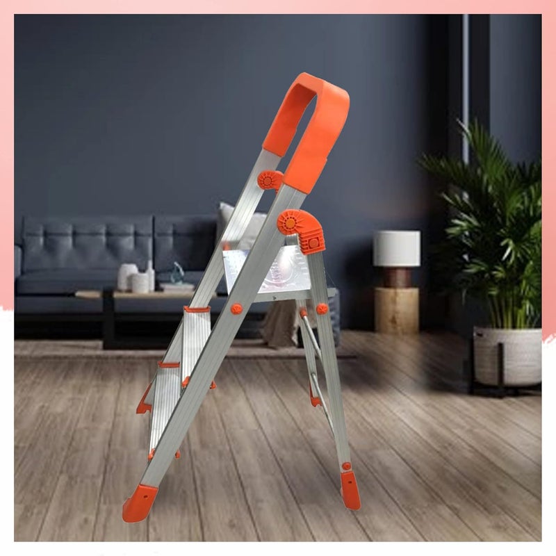 CIPLA PLAST CIPLA PLAST 3 Step Foldable Aluminium Ladder for Home with Scratch Resistant Ladder for Home Anti Skid Shoes and Extra Strong Wide Steps Titanium 3 Step Orange  - Image 5