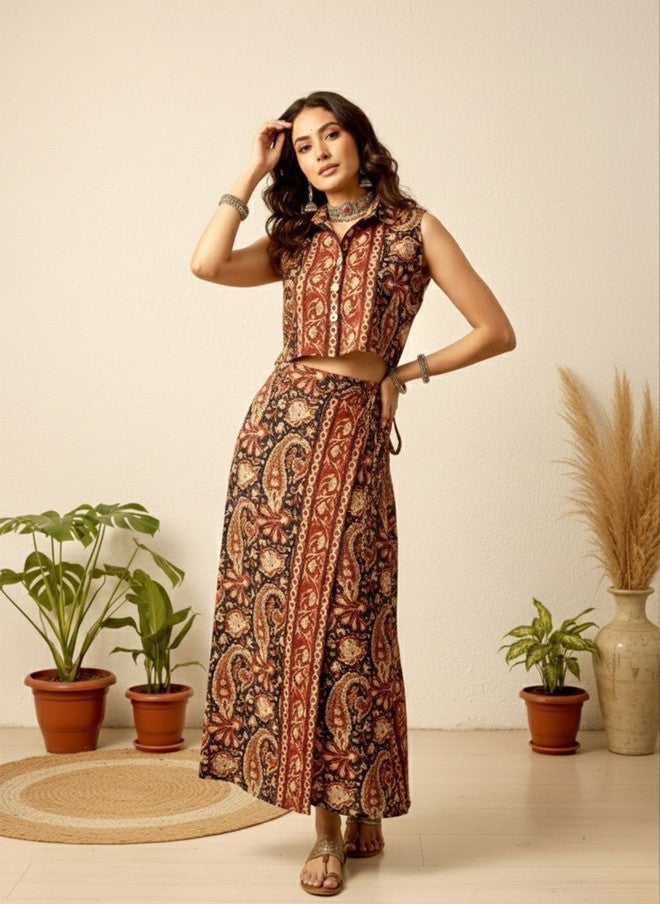 WineRed Wine Red Printed Shirt Collar Shirt & Skirt Co-Ords - Image 1