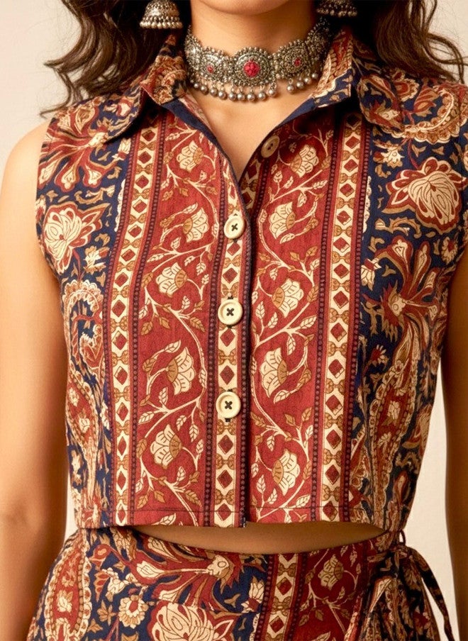 WineRed Wine Red Printed Shirt Collar Shirt & Skirt Co-Ords - Image 2
