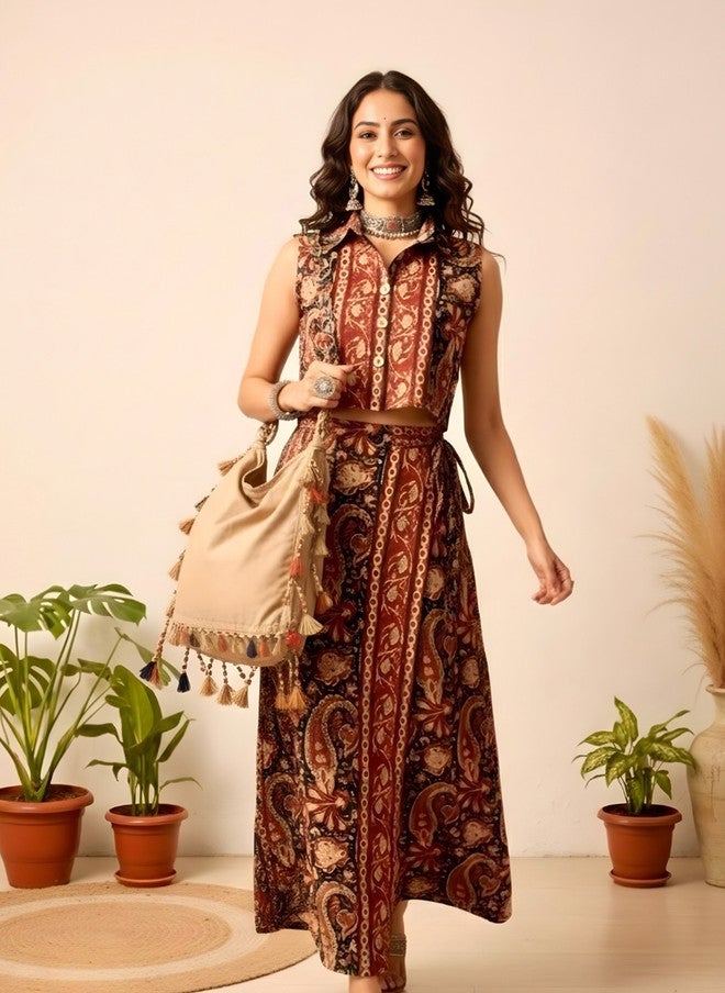 WineRed Wine Red Printed Shirt Collar Shirt & Skirt Co-Ords - Image 5