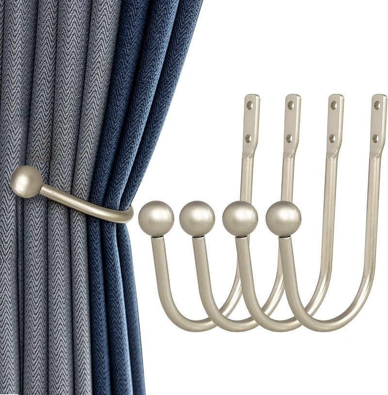 HEMOUR Curtain Holdback, 4 Pcs Wall Mounted Drapery Tiebacks with Screws, Heavy Duty Metal Decorative Window Drapery Holder Curtain Hook, Silver - Image 1