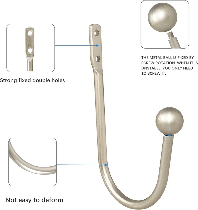 HEMOUR Curtain Holdback, 4 Pcs Wall Mounted Drapery Tiebacks with Screws, Heavy Duty Metal Decorative Window Drapery Holder Curtain Hook, Silver - Image 5
