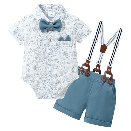 YALLET Baby Boy Clothes Suit Infant Boy Gentleman Outfits Dress Romper ShirtBowtieSuspender ShortsBlue Print 03 Months - Image 1
