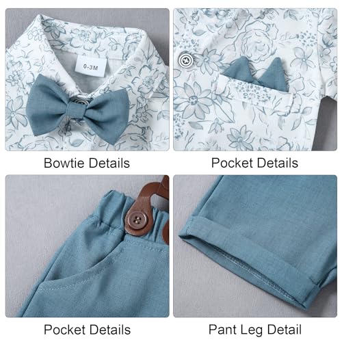 YALLET Baby Boy Clothes Suit Infant Boy Gentleman Outfits Dress Romper ShirtBowtieSuspender ShortsBlue Print 03 Months - Image 3